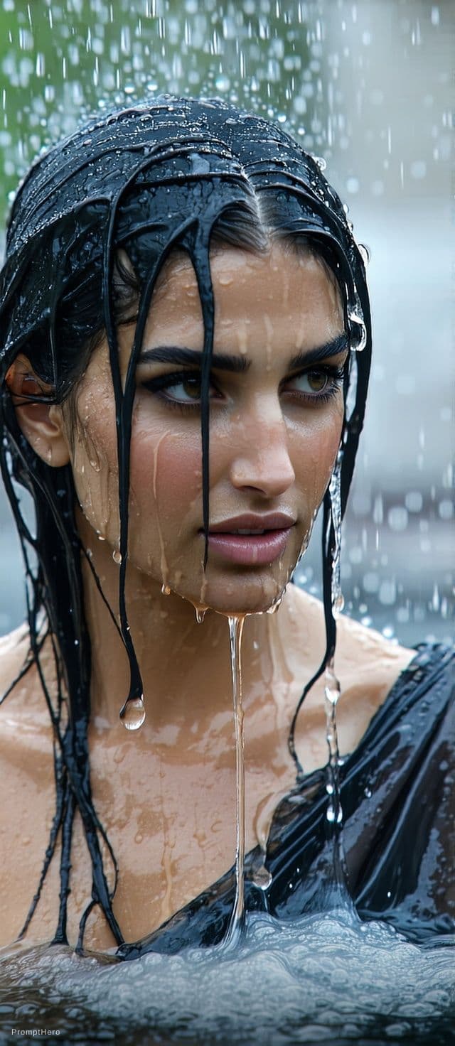 AI generated: Transparent black wet saree Indian woman,