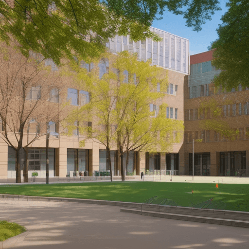 AI generated: Show me a university building at a bright sunny day with a small park in the front.