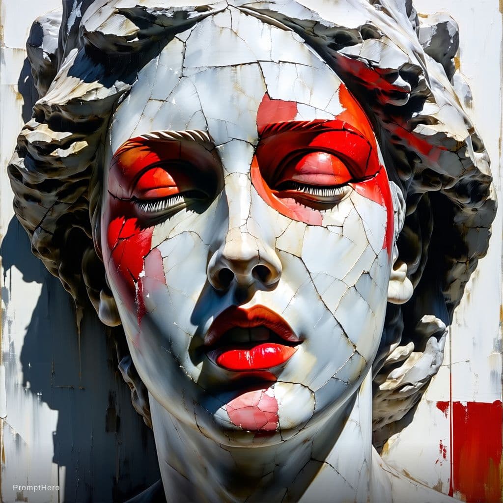 AI generated: Disco elysium style, colourful abstract brush strokes, paint portrait of a beautiful grey plaster st...