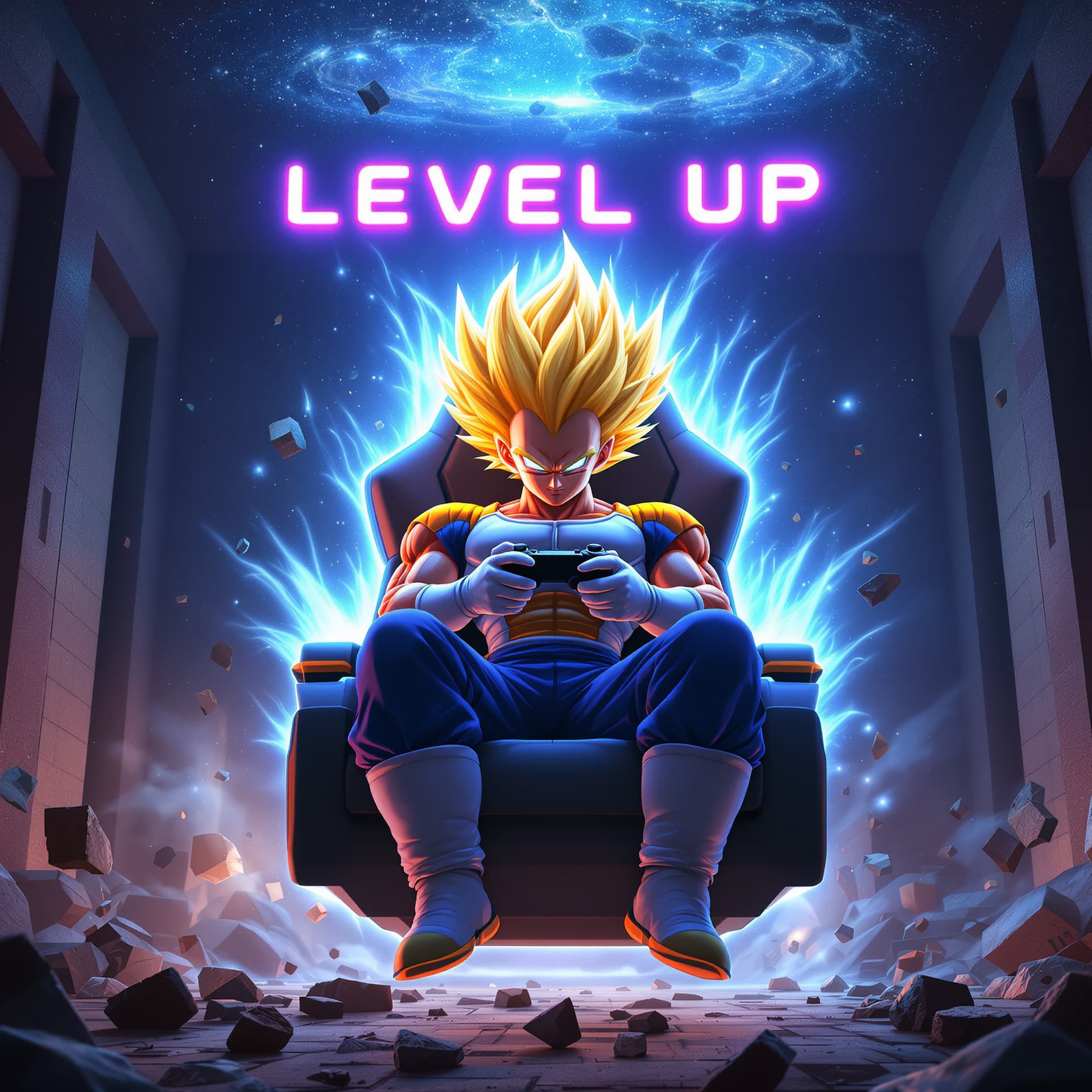 AI generated: full figure front view of super saiyan vegeta with the saiyan level 4 hair is fully powered up in a ...