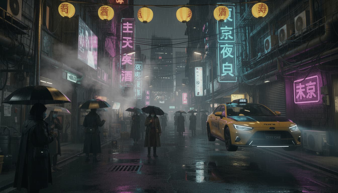 AI generated: A dense, rain-drenched cyberpunk alley at night in a futuristic Japanese megacity, heavy downpour wi...