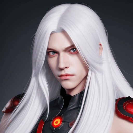AI generated: Generate a male character with distinctive features, including long white hair, striking red eyes, a...