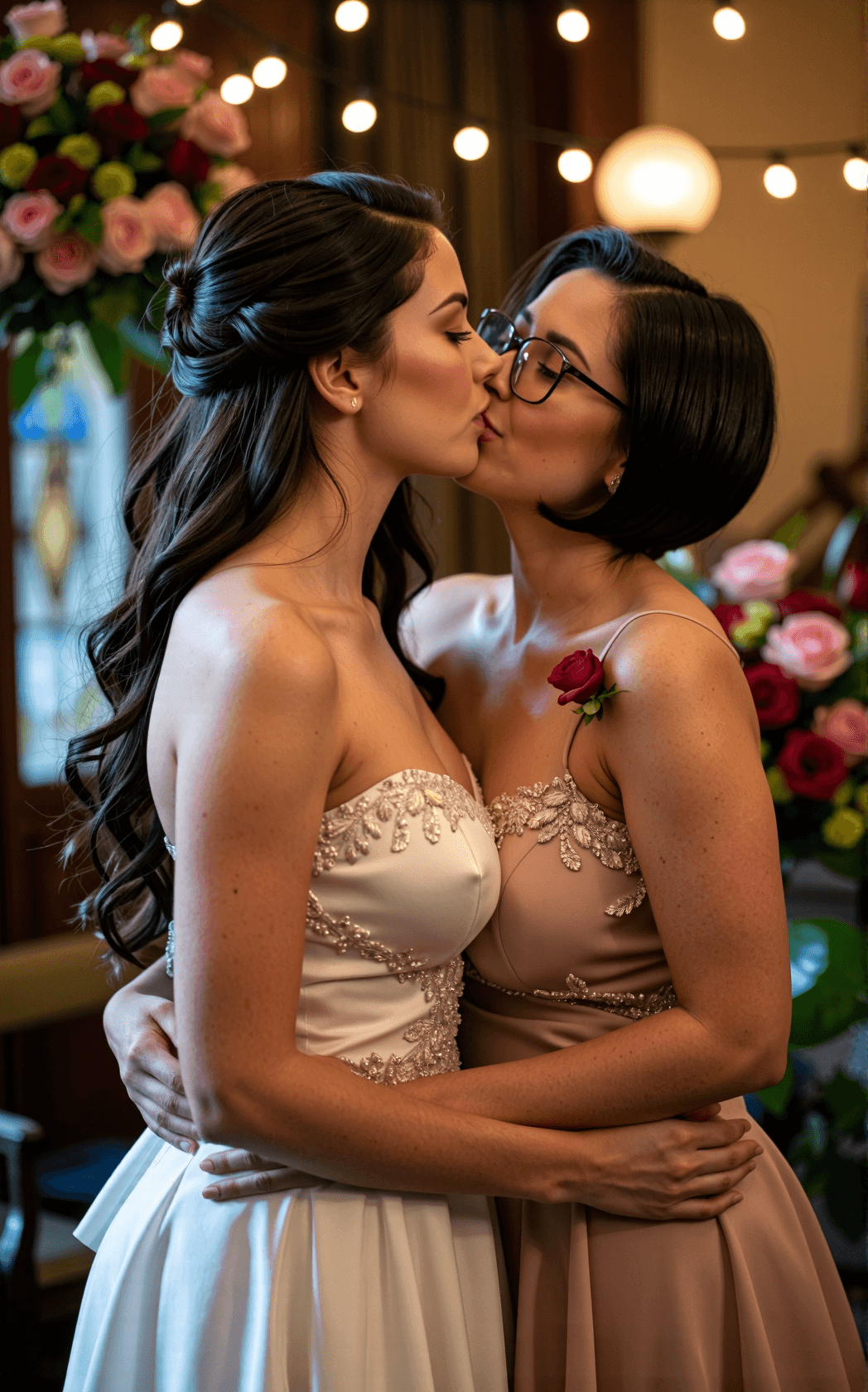 AI generated: Hyper-realistic cinematic documentary-style wedding scene of two curvy women sharing a tender intima...