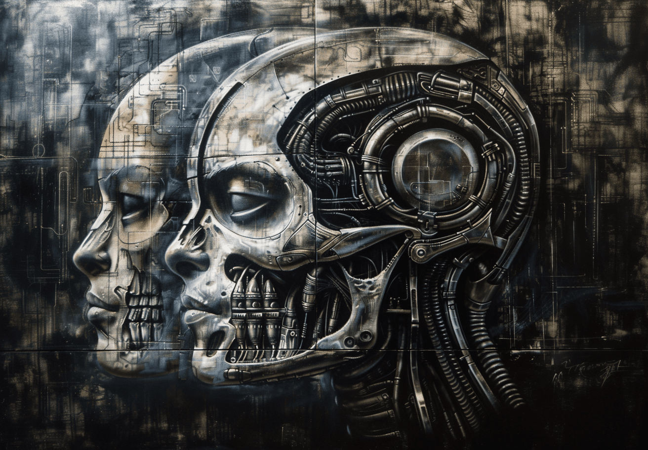 AI generated: Hr Giger's painting depicting the alien from "Dune" in his helmet, closeup of an anthropomorphic cre...
