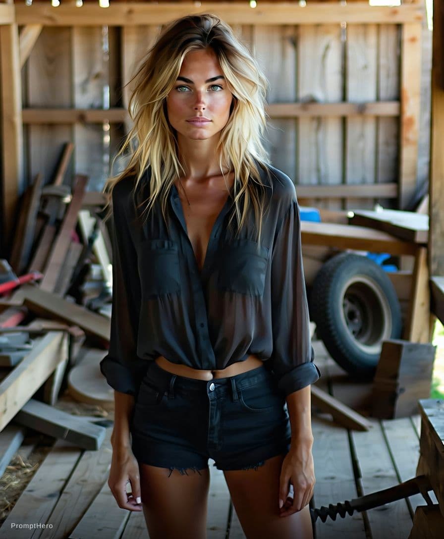 AI generated: Abstract style A woman with sun-kissed skin and tousled blonde hair stands inside a cluttered barn. ...