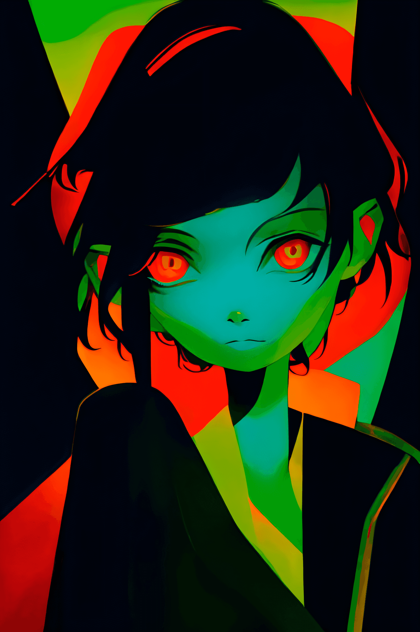 AI generated: Polychrome, 1girl, night, dark, black hair, looking at viewer, upper body, facing viewer, limited pa...