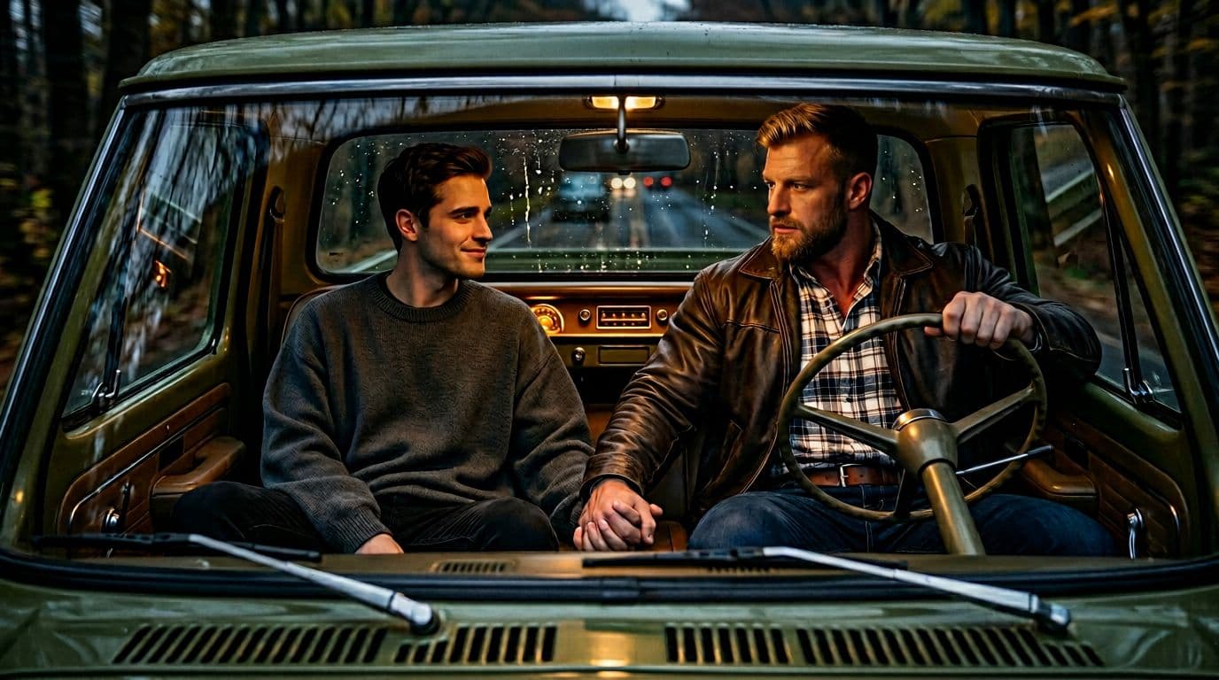 AI generated: The scene is from the front. In an Autumn night, the model is driving a vintage Ford olive green pic...