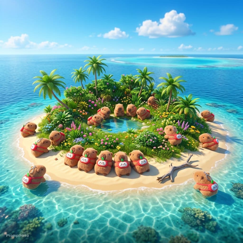 AI generated: isla desierta en día soleado de primavera habitada por capibares