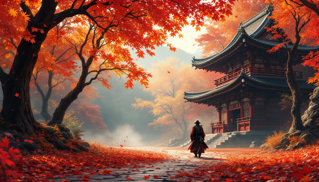 AI generated: a animated picture of Japanese temple in autumn leaves red orange and yellow with a samurai
