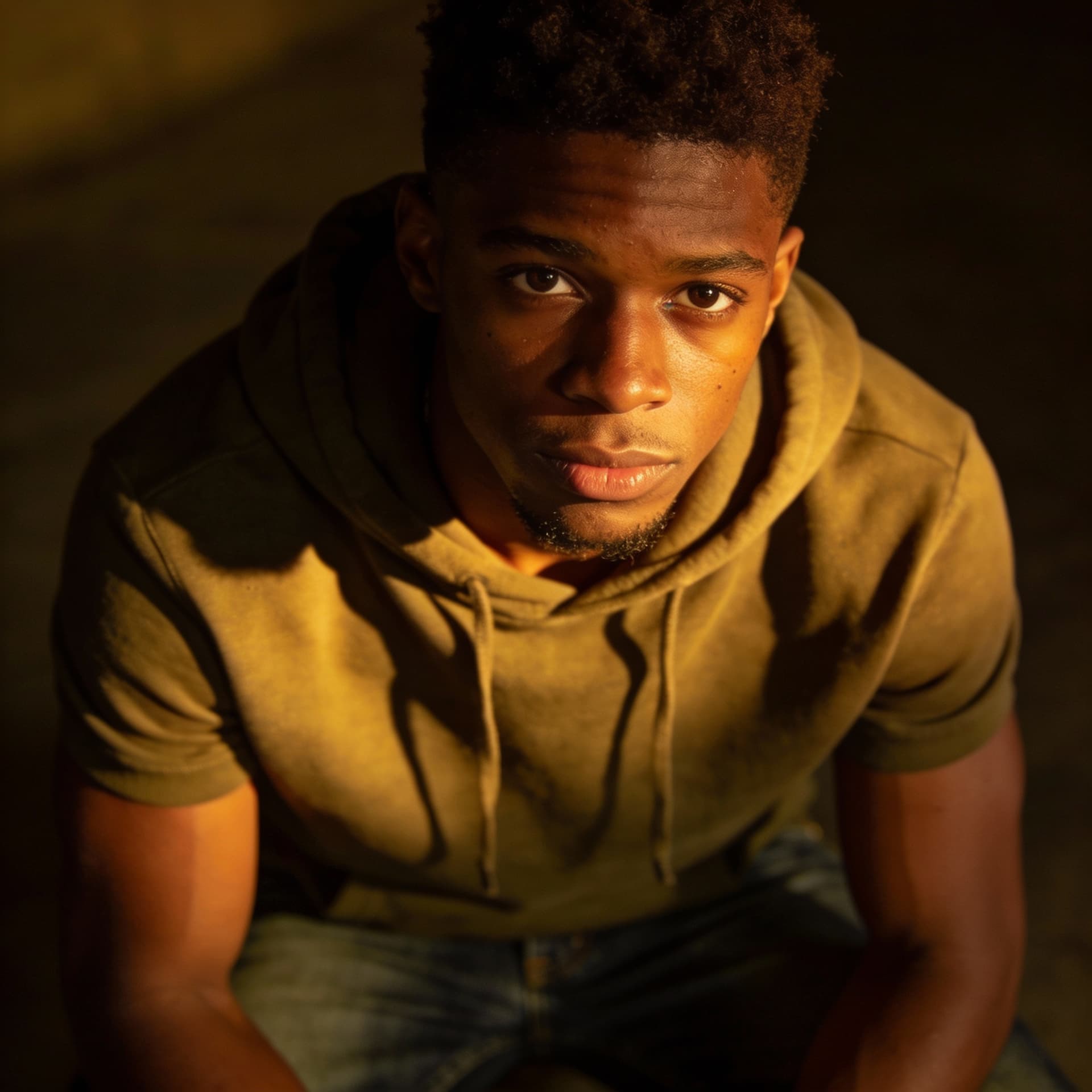 AI generated: Ultra realistic cinematic portrait of Marcus Reed, 20 year old Black man, dark brown skin, short afr...