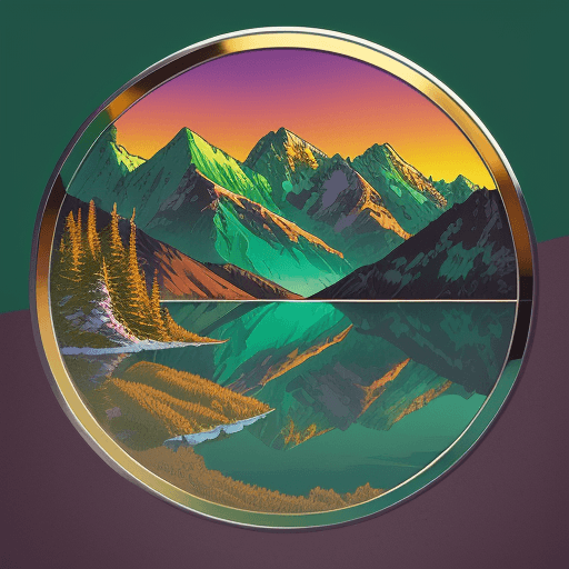 AI generated: 80s chrome and steel Retro Sunset, Mountain Lake scene, green, gold, illustration, inspired by James...