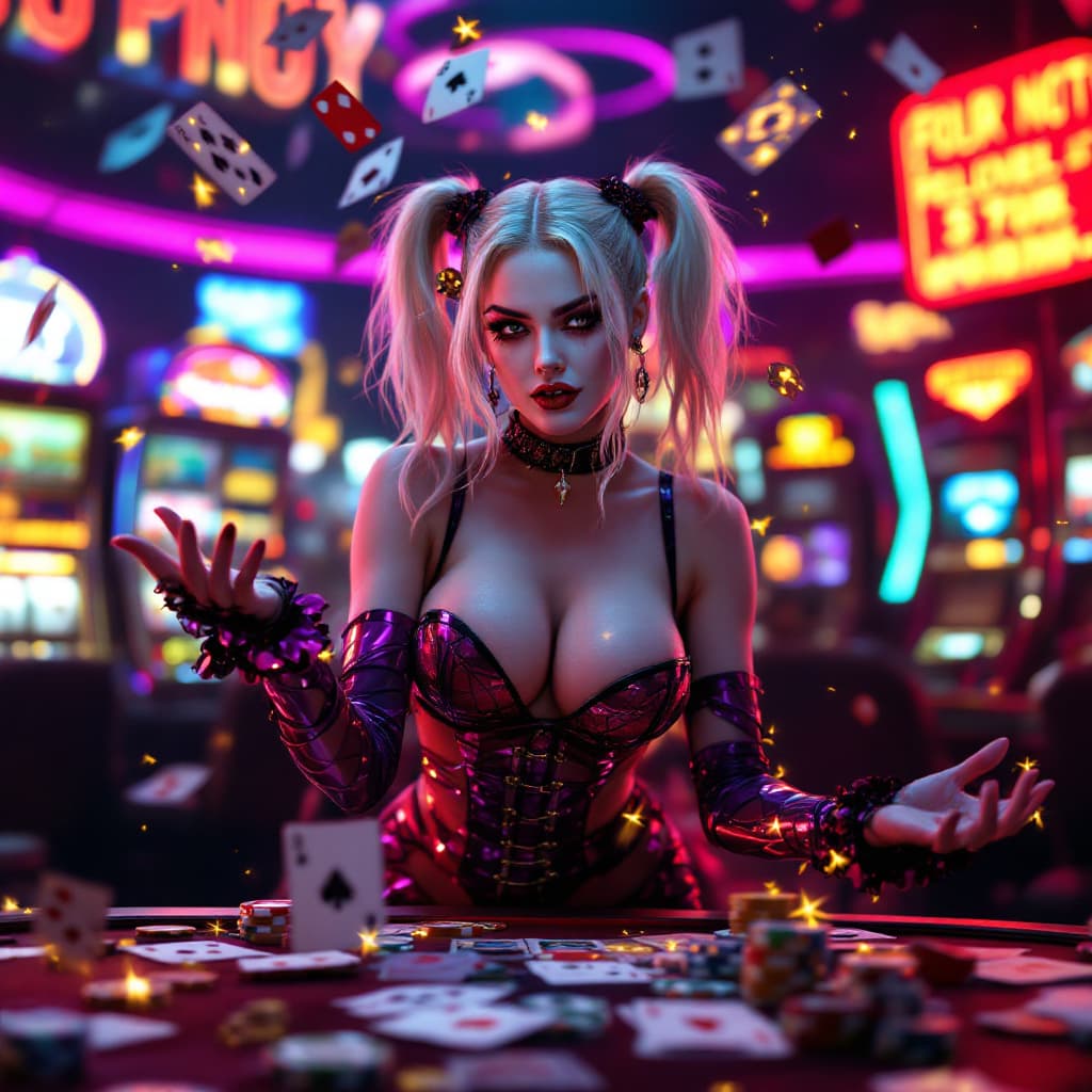 AI generated: Photo-realistic fictional character Harley Quinn dressed as a chic fashion model in an elegant Lady ...
