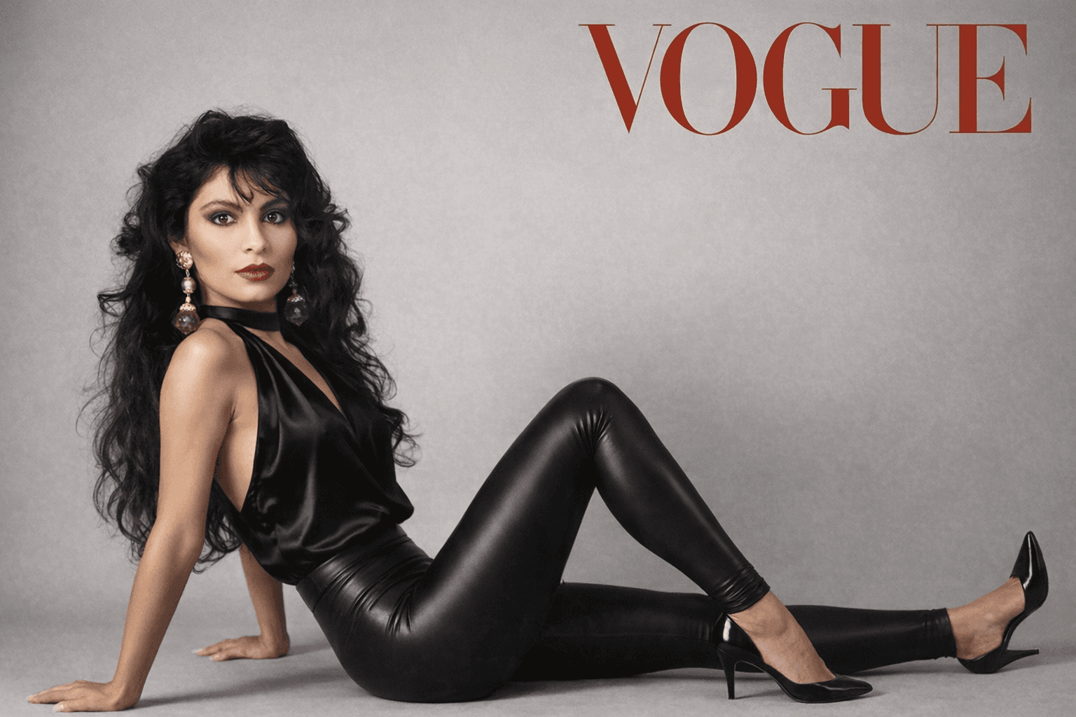 AI generated: A beautiful Latin model is sitting on the floor of a photo studio with a light grey back drop wearin...