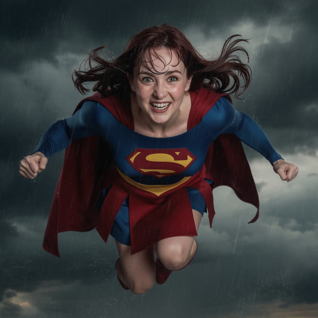 AI generated: Laura lynn flying through heavy rain, realistic lighting and atmosphere, wet hair clinging to her fa...