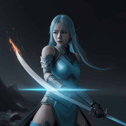 AI generated: a warrior with a sword and a flame, in the style of sci-fi anime, dark gray and light cyan, cryengin...