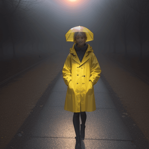 AI generated: a. The person in the photo is wearing a yellow raincoat.

b. The location is to the left of the cent...