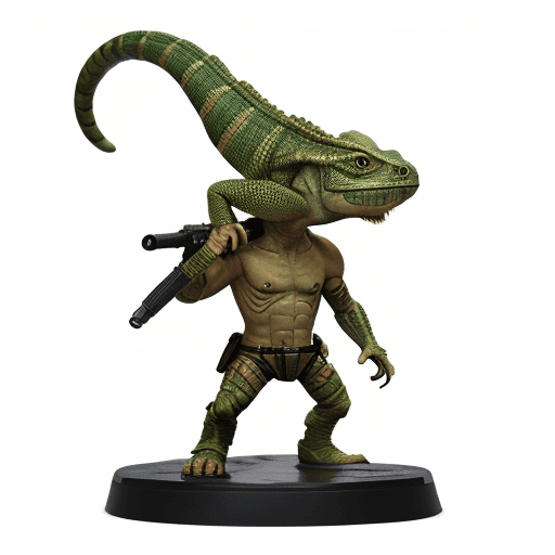 AI generated: chibi lizardman in a Yautja gun mounted on shoulder