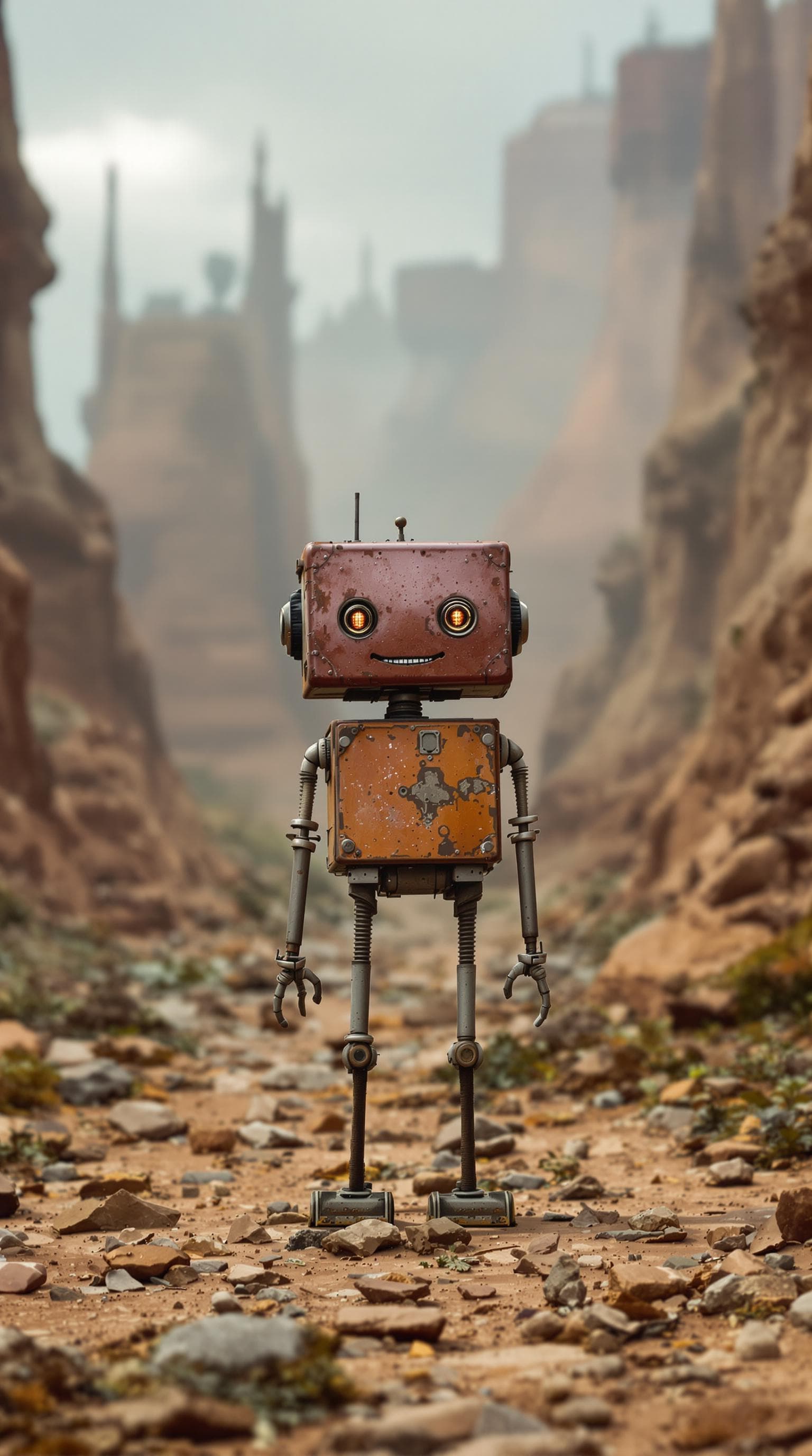 AI generated: In the middle of a dystopian landscape, a small robot with a reddish-brown metallic color and a rust...