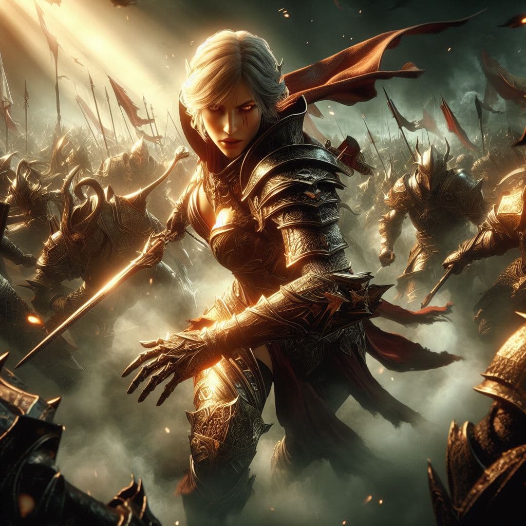 AI generated: massivescale&warriors&woman&elf&gorgeous&beautifulepicbattle, run/poseslow motion, powerfull agegodd...