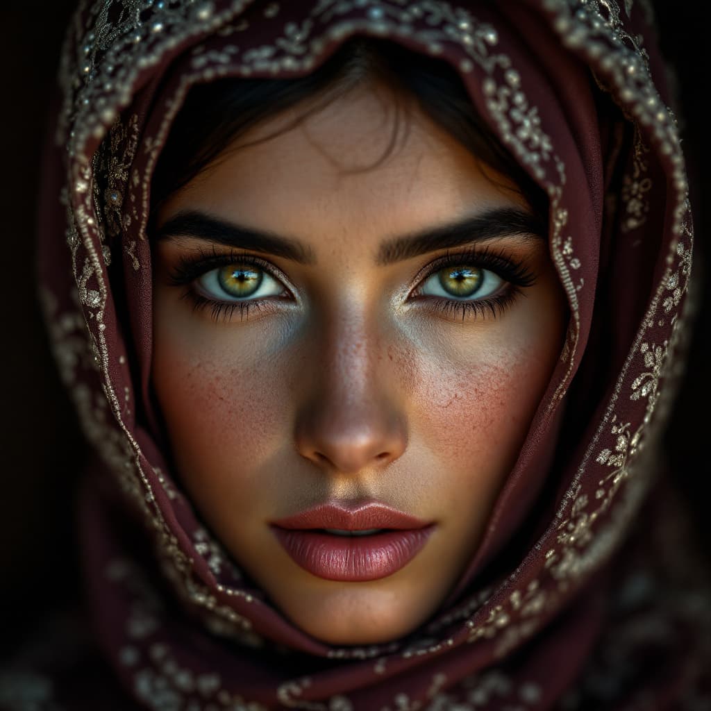 AI generated: 
A close-up portrait of a woman from Saudi Arabia, the woman's face highly detailed, with a striking...