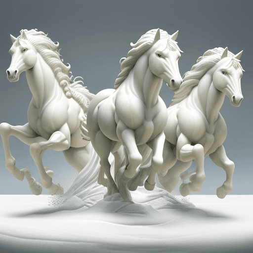 AI generated: A trio of horses, sculpted in stark white, gallop across a textured, undulating surface. Their muscl...
