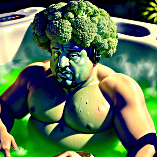AI generated: broccoli man
 chilling in a hot tub with dj khaled ultra realistic 4k
