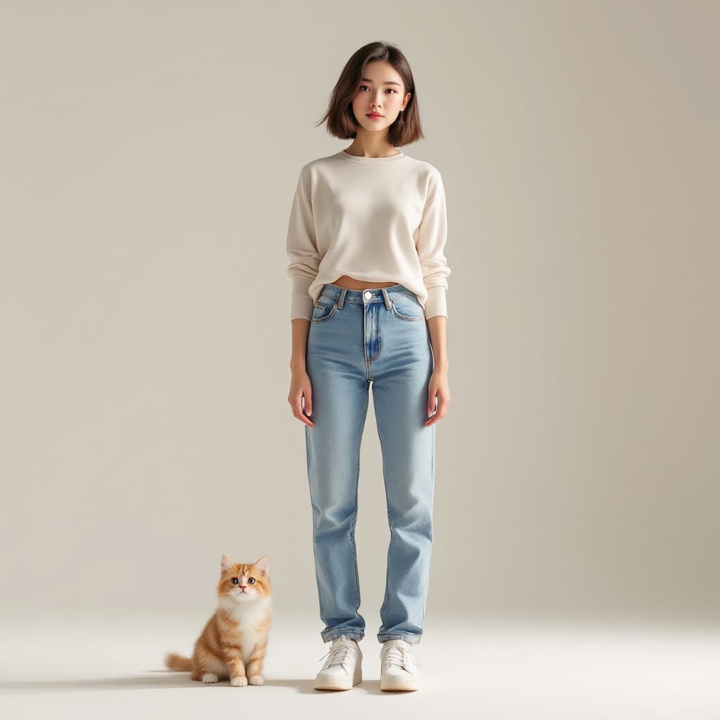AI generated: A highly realistic 8K full-body portrait of a young female influencer with short, straight dark brow...