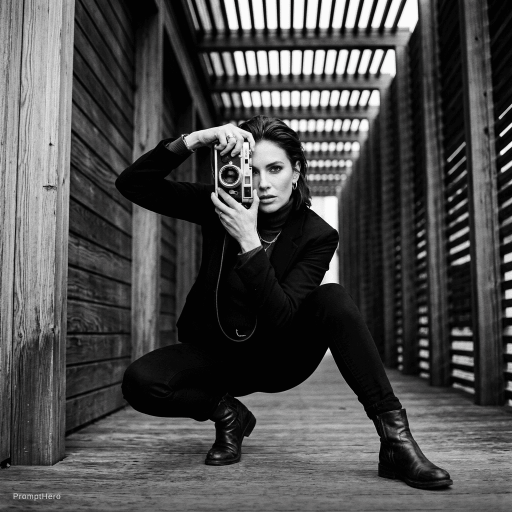 AI generated: High-contrast black and white full-body photograph of a glamorous woman in a low,athletic squatting ...