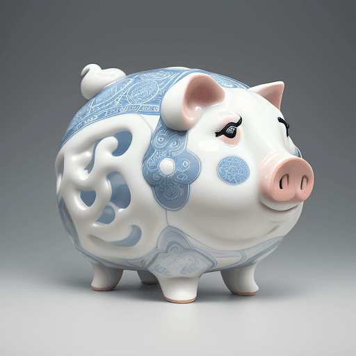 AI generated: a fat piggy made out of porcelain, in the style of balanced symmetry, white and blue, organic forms,...