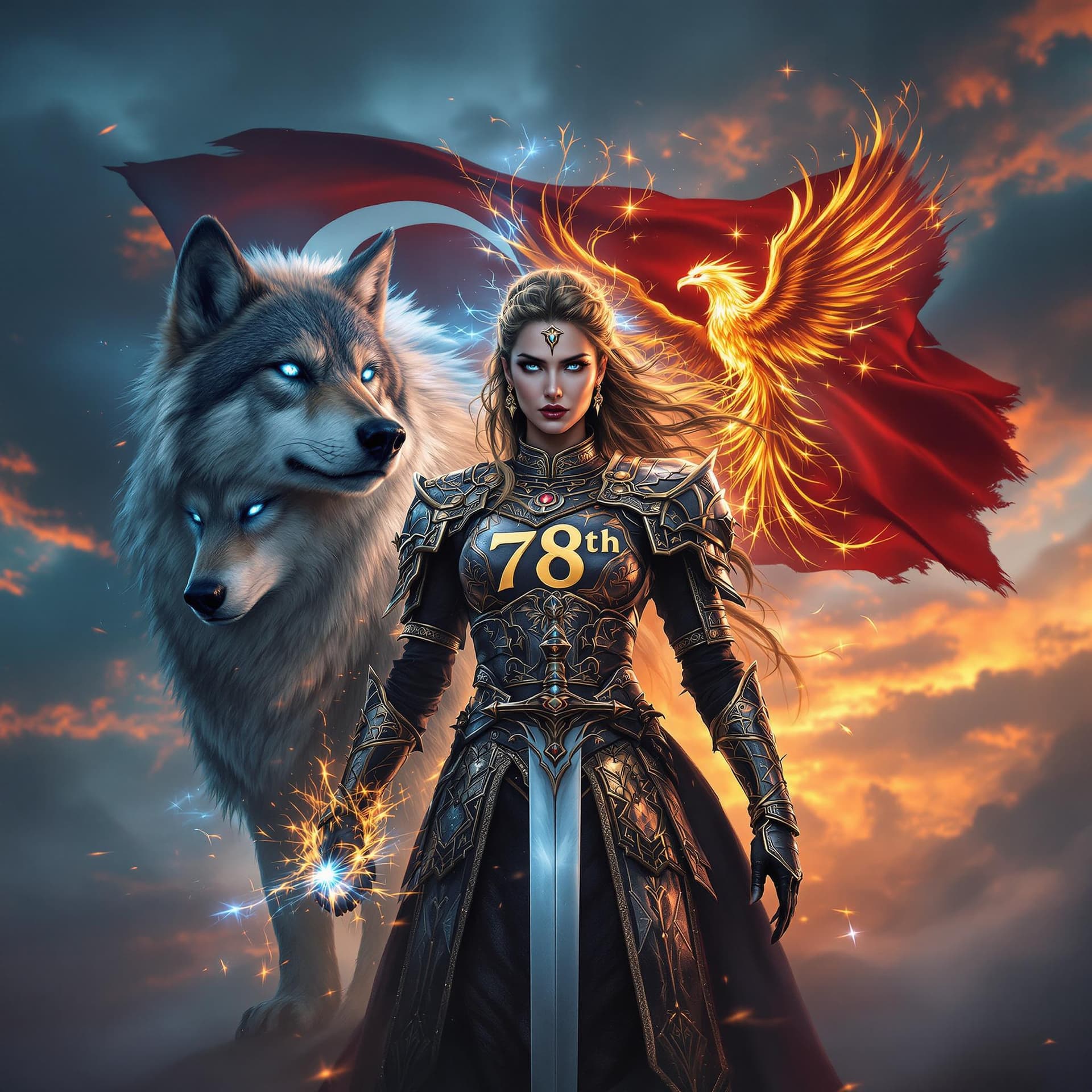 AI generated: A fierce lady warrior clad in traditional armor inspired by ancient Turkish mythology, holding a swo...