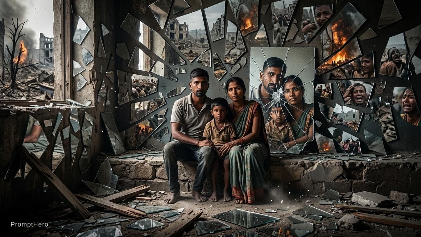AI generated: A family—mom, dad, and their young son—sit together in a room filled with shattered mirrors, their f...