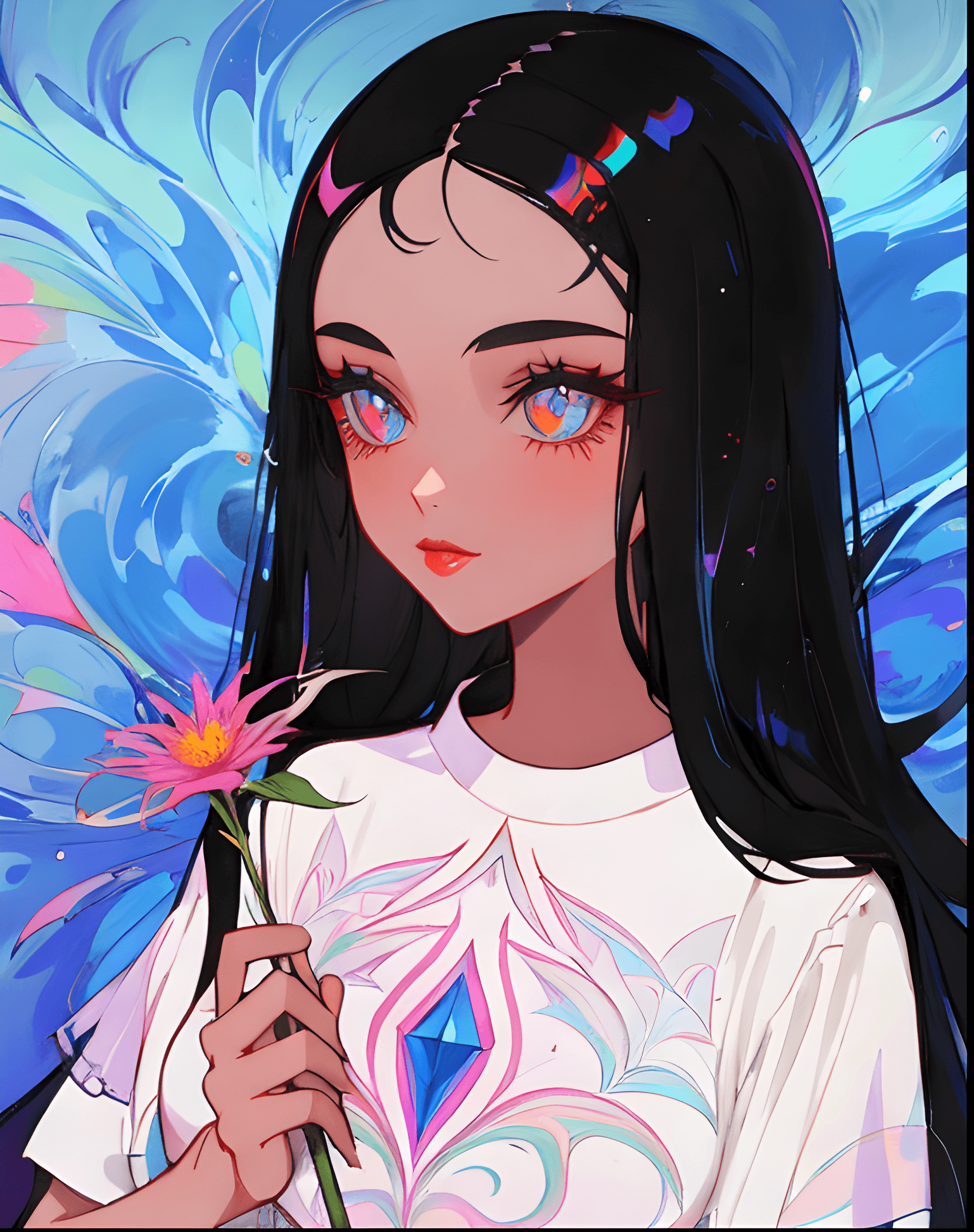 AI generated: a girl with long black hair holding a flower, inspired by loish, aestheticism, y2k aesthetic, cartoo...