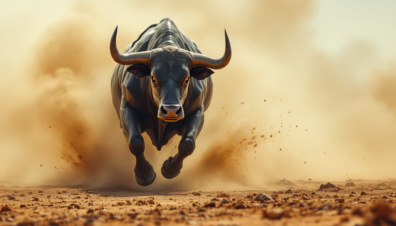 AI generated: A steel bull runs through the desert raising clouds of dust.