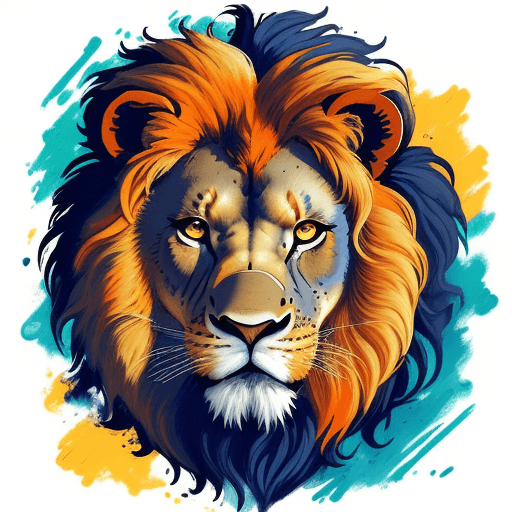 AI generated: oil paiting of a determined lion face on white background in blue and green, in the style of whimsic...