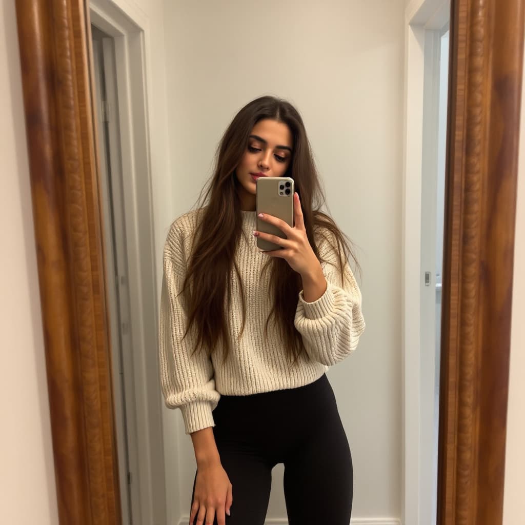 AI generated: alia bhatt takes a photo with her phone of herself in the mirror, she has 24 years old, has straight...