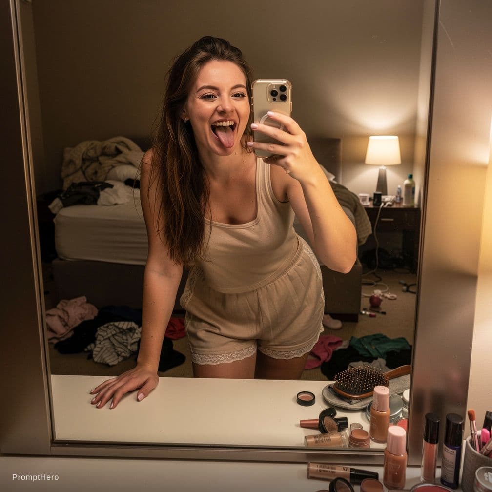 AI generated: A 22 year old white woman takes a mirror selfie in a messy bedroom.

The woman has her phone in one ...