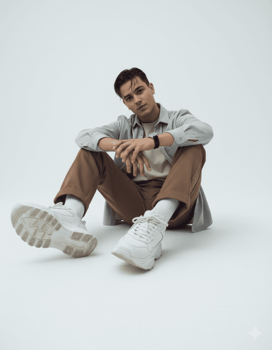 AI generated: Minimalist editorial studio photoshoot of a man (from attached photo) sitting casually on the floor ...