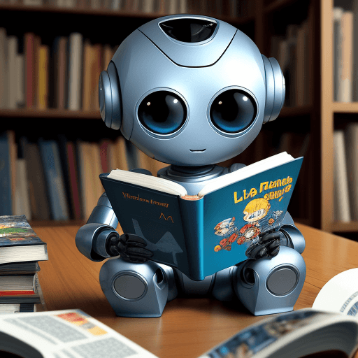 AI generated: little friendly humanoid robot reading book, comic book style

