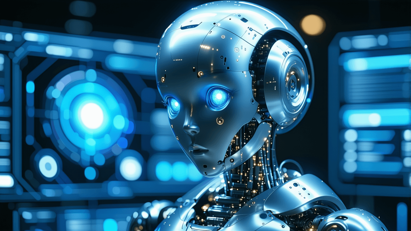 AI generated: A hyper-realistic, futuristic humanoid AI robot with a sleek metallic silver body and glowing blue e...