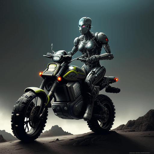 AI generated: A future punk poster, of a terminator cybernetic machine type biological android soldier, riding an ...