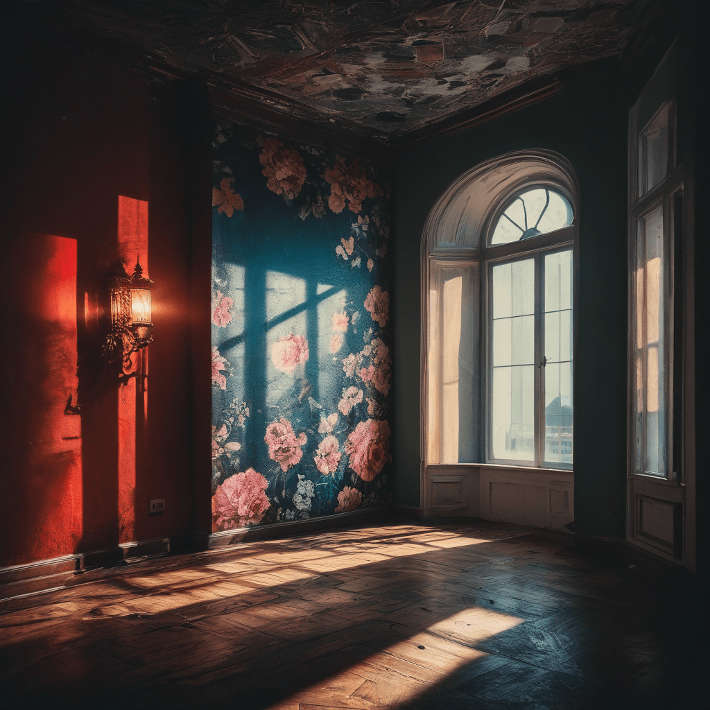 AI generated:  A moody, hyper realistic and, cinematic scene of (((young))) woman sitting on a wooden floor in a d...