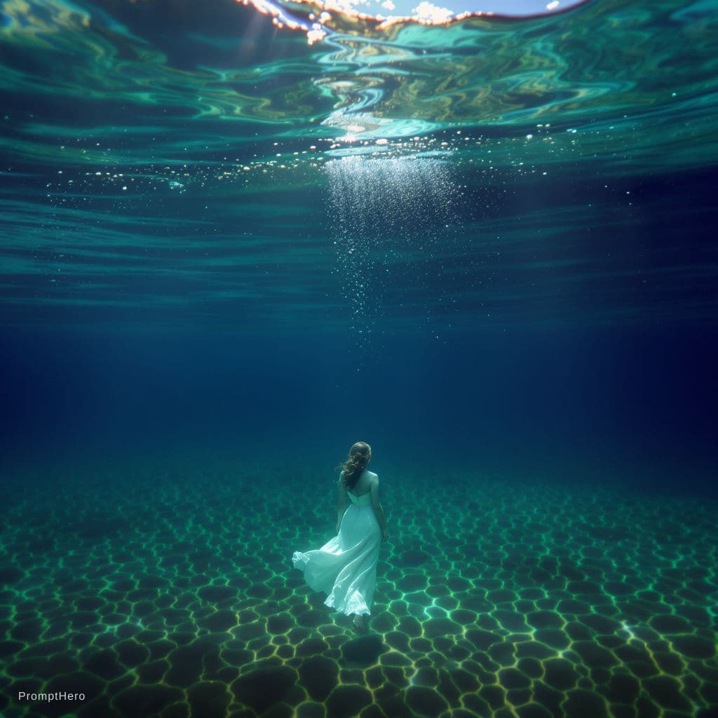 AI generated: A cinematic split-frame composition where the lens is half-submerged underwater. Below the surface, ...