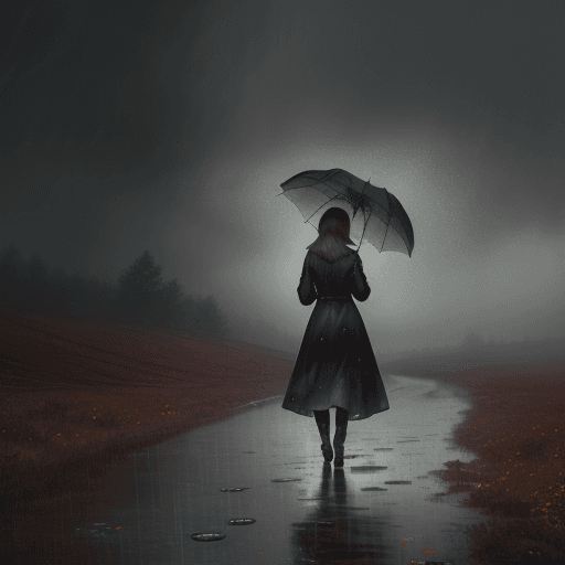 AI generated: Autumm is here. Windy, light rainy, a woman with an umbrella is wandering through the landscape, atm...