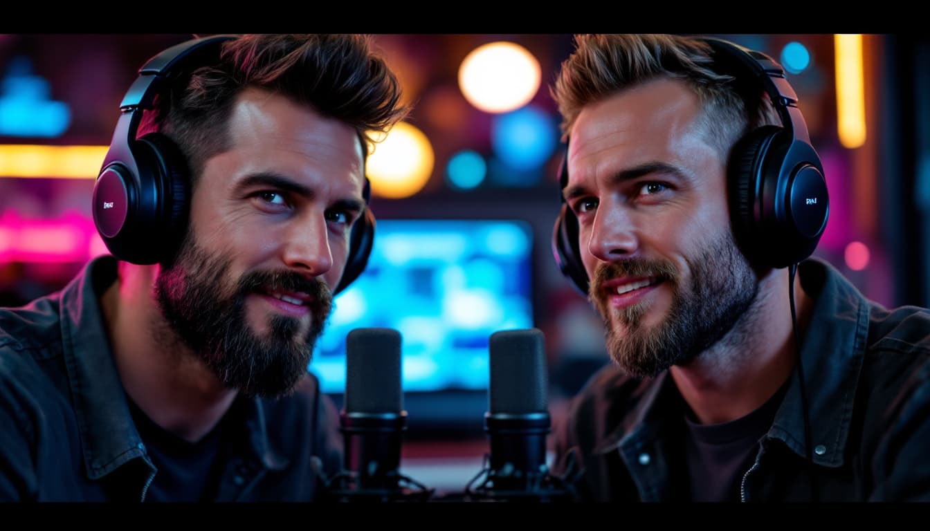 AI generated: Close-up of two podcast hosts in front of studio mics, blurred neon lights in background, podcast he...