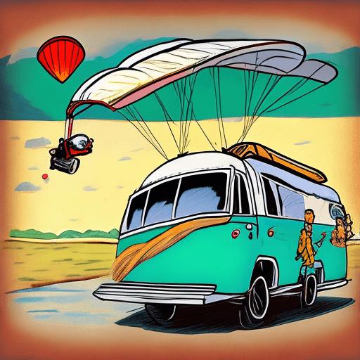 AI generated: Cartoon style. A paraglider pilot flying over a vintage airstream camper