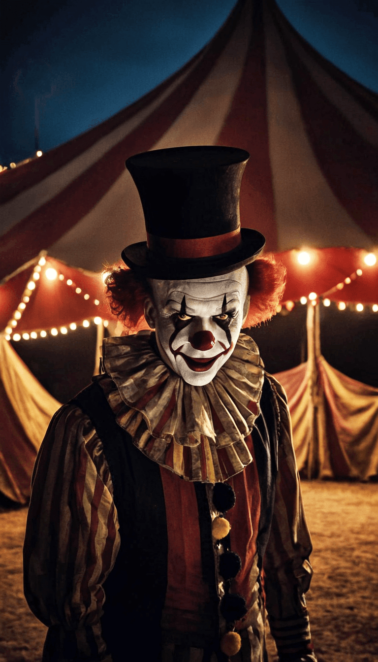 AI generated: A evil clown standing in front of the circus tent at night, highres, realistic photo, professional p...