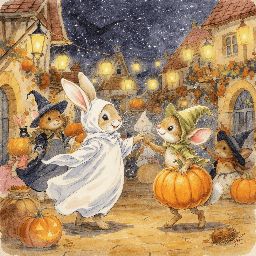 AI generated: A Halloween concept in the style of a delicate watercolor painting by Beatrix Potter, a group of ant...