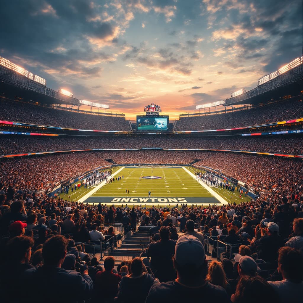 AI generated: A photo of an NFL superbowl match ongoing between two rivaling teams with fans cheering their teams ...