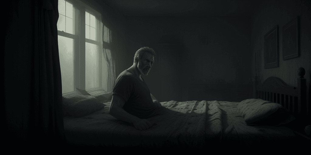 AI generated: A man wakes up in the morning and looks around with horror . cinematic, hyper realism, high detail, ...