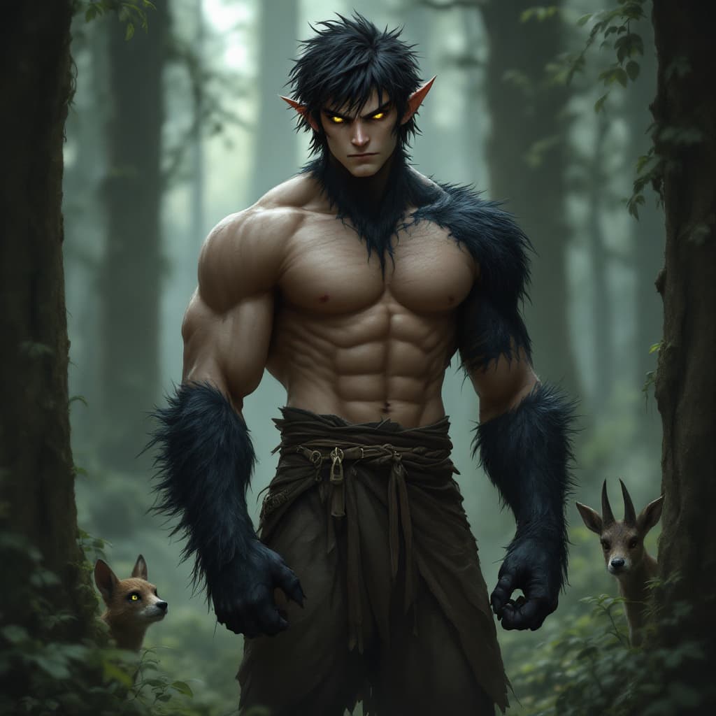 AI generated: A tall, muscular boy with dark fur on his arms and legs, resembling a wild creature. His sharp yello...